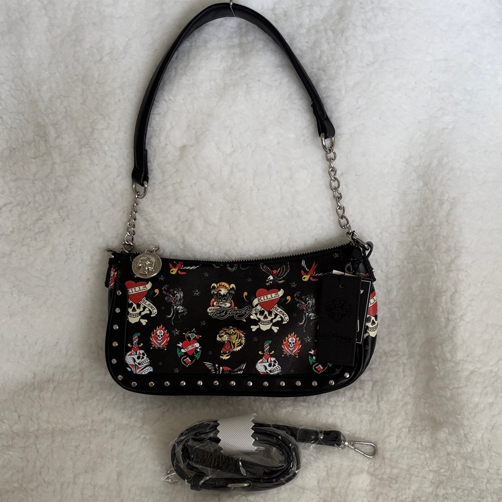 Ed Hardy Black Shoulder Bag with Colorful Tattoo Designs